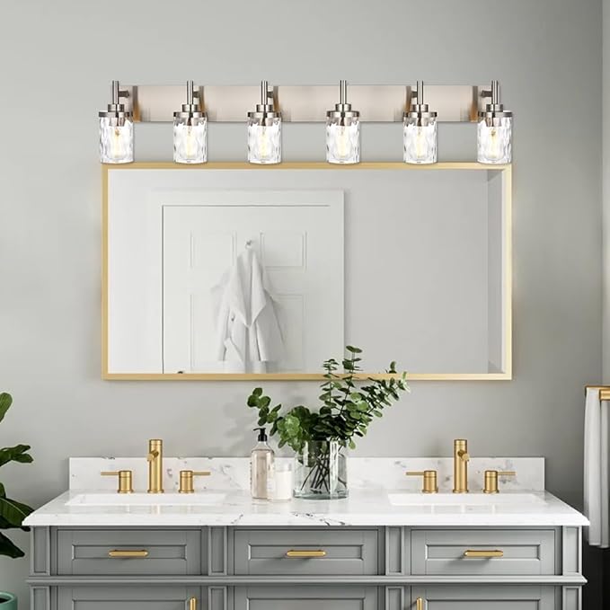 Bathroom Vanity Lighting Fixtures 6 Lights,Brushed Nickel Bathroom Vanity Lights with Clear Hammered Shade Wall Sconce Lighting Modern Farmhouse Bath Lighting