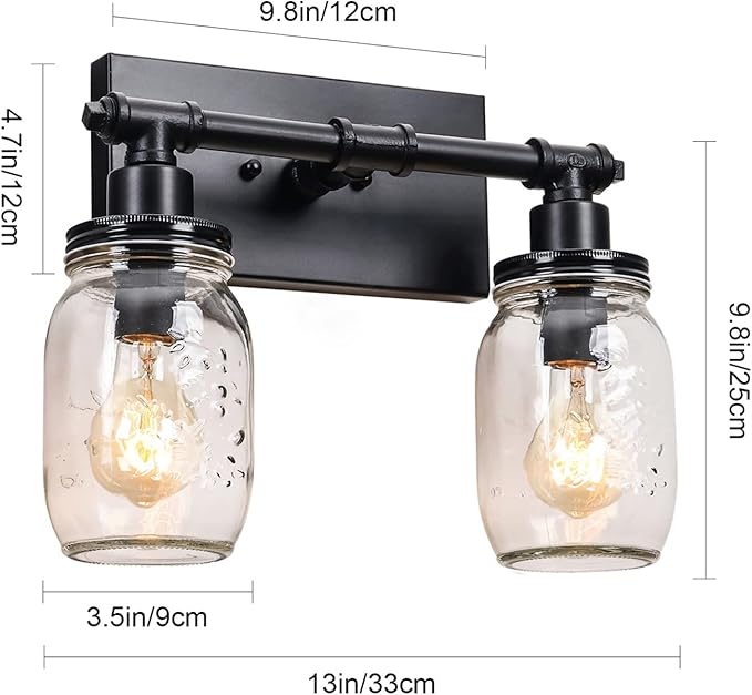 2 Light Bathroom Vanity Light Black Bathroom Light Fixture, Industrial Farmhouse Wall Sconce with Glass Shades, Mason Jar Vanity Light Fixture, Pipe Wall Lamp for Mirror Bedroom Hallway Living Room