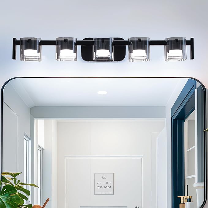 33.4" Modern Black Bathroom Vanity Light 5 Light Bathroom Light fixtures Cordless LED Vanity Light, 3000K/4000K/6000K Adjustable Wall Light with Smoke Gray Glass for Restroom,Bedroom,washroom