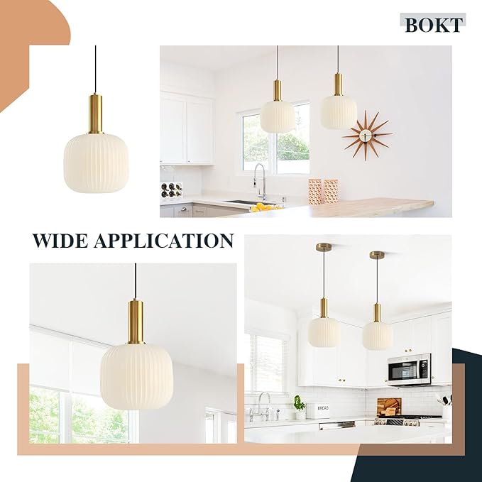 BOKT Pendant Lights Kitchen Island Brass Modern Gold Pendant Light Fixtures 7.9" Vintage Adjustable Height Hanging Lamp with Milk White Glass Shade for Entryway Dining Room Hallway
