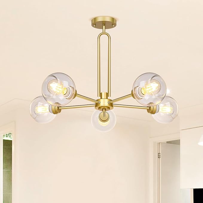 Globe Chandelier Pendant Lighting, Gold Modern Large Semi-Flush Ceiling Light Fixture with Clear Glass, 5-Light Sputnik Light Fixture Dining Room, for Kitchen Living Room Bedroom