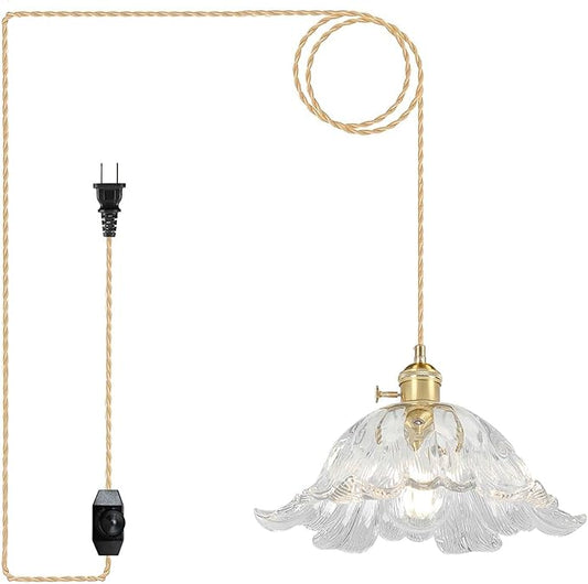Plug in Pendant Light Fixtures,Hanging Light Fixture Flower Transparent Glass Pendant Light 11 inch E26 Pendant Lighting for Kitchen Island, Bedroom, Dining Room, Living Room