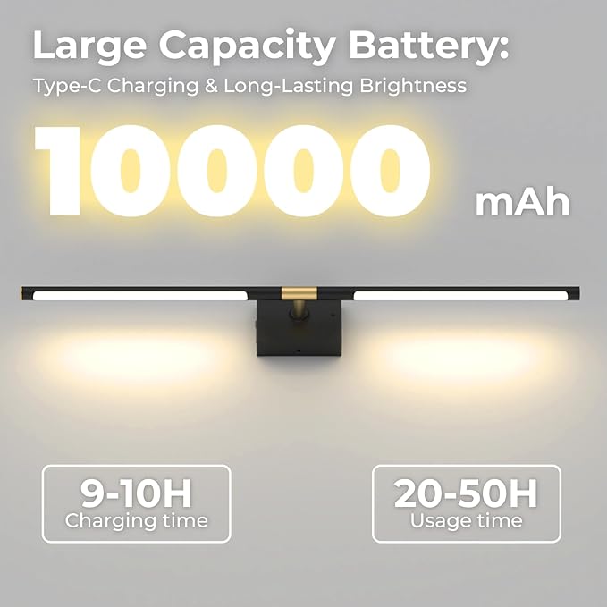 Battery Operated Wall Sconce Set of Two - 10000mAh Cordless Rechargeable Wall Sconces with Remote & Touch Control, 360°Rotate, 4CCT Dimmable Black Wall Lights for Bedroom Living Room, 31.5 inch