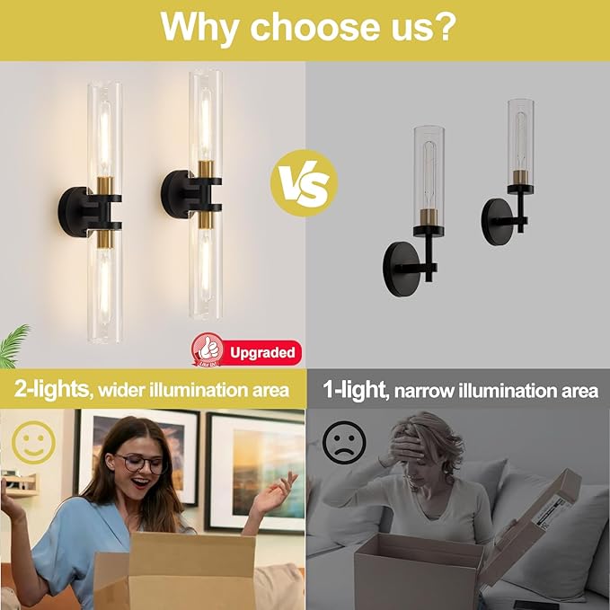 Indoi Wall Sconces Set of Two, 22" Black and Gold Bathroom Sconces with Clear Glass, Hardwired Modern Sconces Wall Decor Set of 2 Wall Light fixtures for Bathroom Mirror Living Room Hallway Bedroom