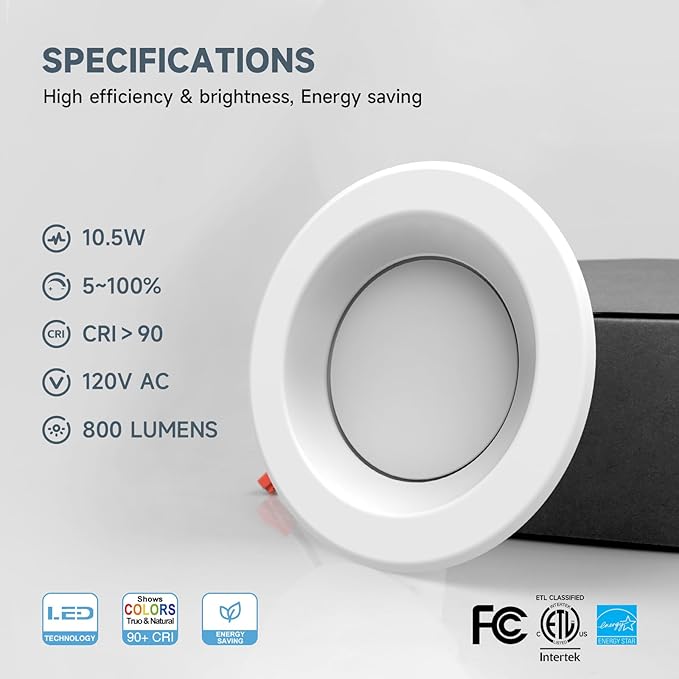 ECOELER 4Inch LED Recessed Dwonlight, 5CCT Selectable Retrofit Can Lights, 10.5W, 950LM, Damp Rated, Dimmable Recessed Ceiling Light for Kitchen, Storage Room, ETL & FCC Listed