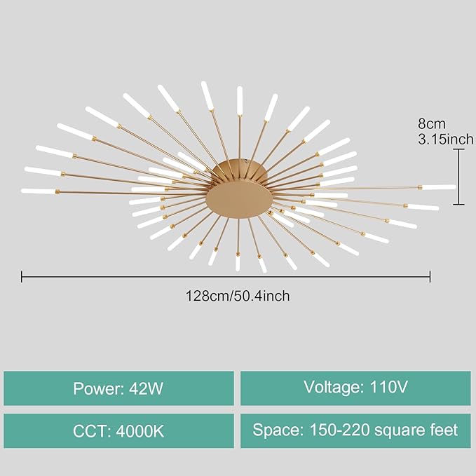 ziidoo Modern Ceiling Light, 42 Lights Metal Firework Designed Chic Led Lighting Fixture for Farmhouse Kitchen Dining Room Bedroom Hallway Living Room (Gold and Dark Gold)
