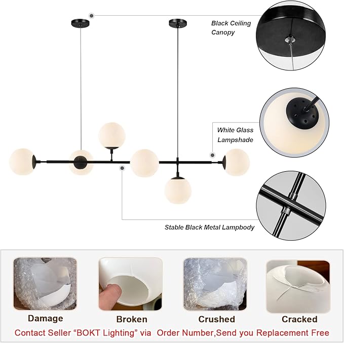BOKT Mid Century Modern 6-Lights Pendant Light Milk Glass Globe Round Sputnik Chandelier Black Linear Pendant Light Kitchen Island Chandelier Lamp Ding Room Light Fixture