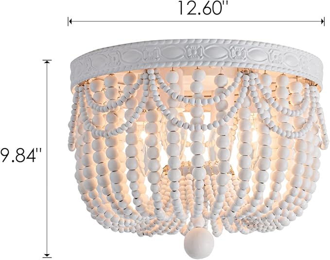 4-Lights Bohemian Flush Mount Ceiling Light Wood Beaded Mini Chandelier Farmhouse Ceiling Lighting Fixtures for Bedroom Dining Room Foyer Kitchen Hallway Nursery Room Walk in Closet, White