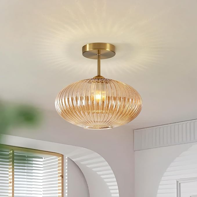 BOKT Vintage Brushed Brass Semi Flush Mount Ceiling Light Amber Ribbed Glass Pendant Light Mid Century Modern Gold Close to Ceiling Light Fixture for Indoor Use 9.8"