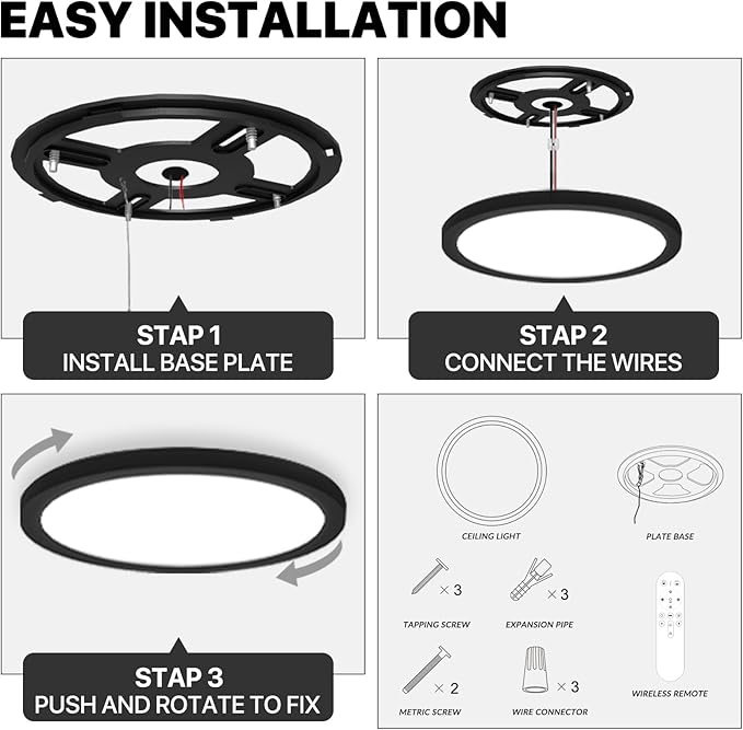 Dimmable LED Flush Mount Ceiling Light Fixture with Remote Control, 24W 2400LM, 12Inch, 2000K Warm Night Light & 3000K-6500K, Modern Super Slim Ceiling Lamp for Bedroom Kitchen, Black, 1 Pack