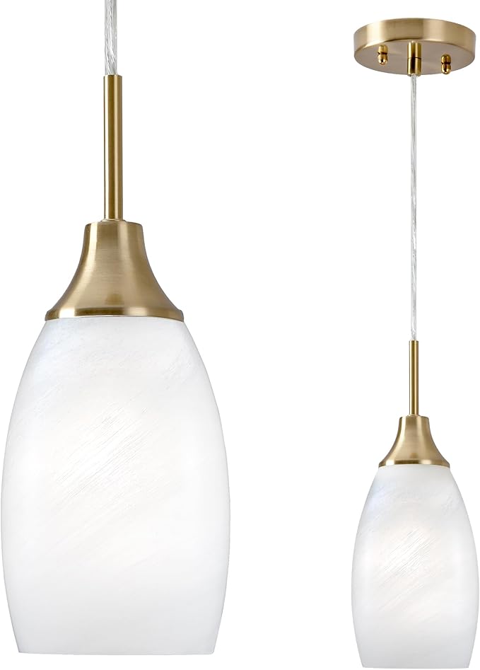 Viinew Mini Glass Pendant Light 4.72" with Handblown White Swirl Art Glass Hanging Light 1-Pack Oval Ceiling Hanging Light Fixture for Dining Room Kitchen Island Cafe Foyer Hallway