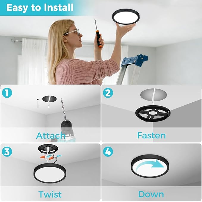 libtit 4Pack 13inch LED Flush Mount Ceiling Light, Dimmable & 5Color Temperatures (3000K-6500K), 24W Round Slim Black Light Fixture for Bedroom Livingroom Garage Kitchen
