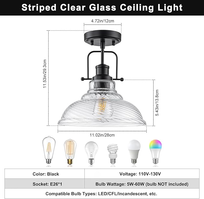 WILON Flush Mount Ceiling Light, Black Farmhouse Ceiling Light with Striped Clear Glass Shade, Light Fixtures for Dining Room Ceiling, Semi Flush Mount Ceiling Lights for Kitchen Entryway