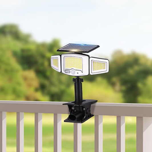 Clip on Solar Lights Outdoor with 3 Heads & 360°Angle Lighting, 1000LM 231 LEDs Motion Sensor Outdoor Lights, IP65 Waterproof Dual Charging Security Flood Light for Patio Fence Gutter (1 Pack)