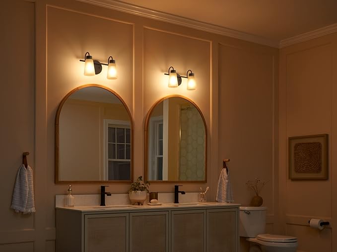 Kichler Stamos 2-Light Bathroom Vanity Light Fixture with Satin Etched Glass Shades, Modern Wall Light in Black for over Mirror Lighting Installation, 13 in x 8 in x 5 in, 55120BK