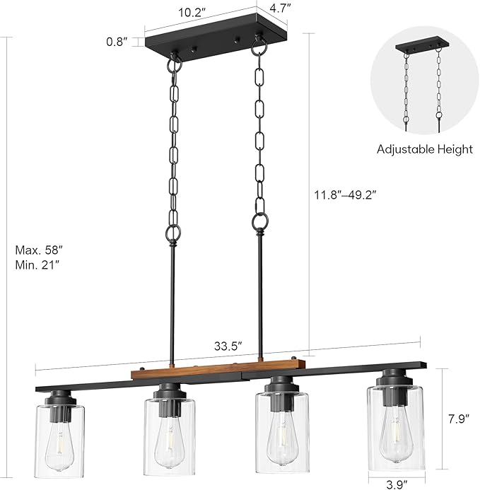 VONLUCE Dining Room Light Fixture Over Table, 4-Light Kitchen Island Lighting with Glass Shade and Adjustable Rods, Farmhouse Linear Chandelier Pendant Light for Kitchen Living Room, Matte Black