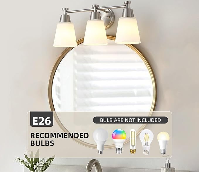 3-Light Bathroom Vanity Light, Brushed Nickel Finish with Milk Glass Shades, Over Mirror, for Bathroom Vanity