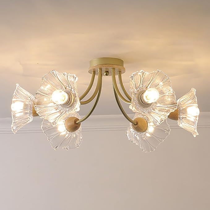 Gold Brass Flush Mount Ceiling Lights Fixture 6-Light Mid Century Modern Ceiling Light with Clear Glass Flower Shape Shade Sputnik Ceiling Lighting for Bedroom Living Dining Room