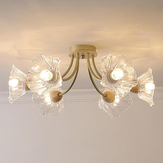 Gold Brass Flush Mount Ceiling Lights Fixture 6-Light Mid Century Modern Ceiling Light with Clear Glass Flower Shape Shade Sputnik Ceiling Lighting for Bedroom Living Dining Room