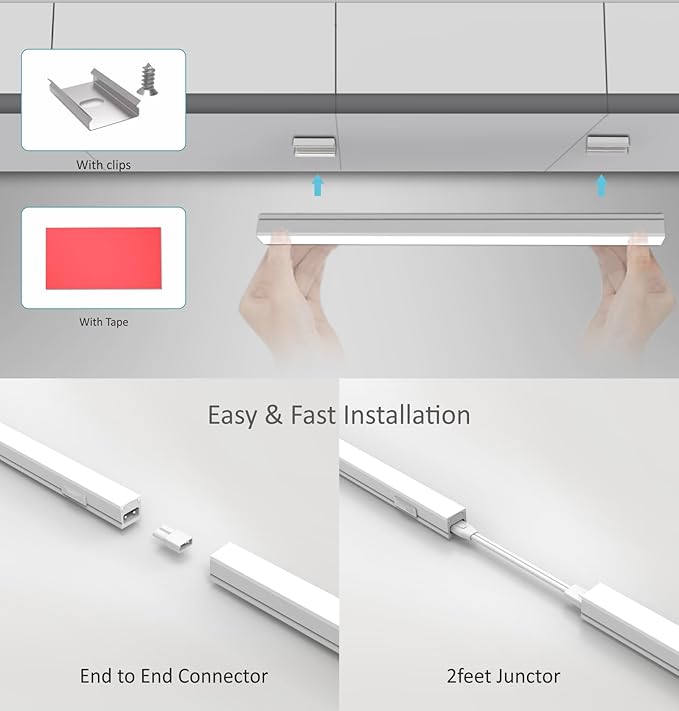 Leetdud Under Cabinet Lighting Plug in, 24 Inch 4 Pcs, Linkable AC120V 3CCT 3000K/4000K/5000K Ultra Slim, LED Under Cabinet Lights for Counter Light, Kitchen, Shelf, Sink, Workshop, Desk, White