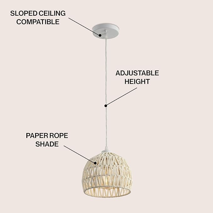 JONATHAN Y 8.25" Cream Modern Bohemian Woven Rope LED Pendant Light Fixture, Adjustable Dome Ceiling Lamp for Kitchen Island, Rope Shade, Coastal Farmhouse Decor (JYL6512C)