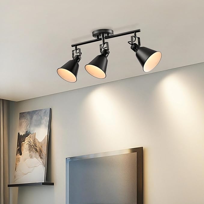 DIRYZON 3-Light Semi-Flush Mount Ceiling Track Lighting Adjustable Round Spotlight in Matte Black Multi-Directional Ceiling Mounted Art Accent Light for Bedroom Hallway Living Room Kitchen