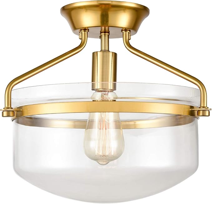 YUBOLE Mid-Century Ceiling Light Gold Semi Flush Mount Light Fixture with Clear Dome Glass Shade-13.4" Wide for Kitchen Hallway Bathroom Bedroom