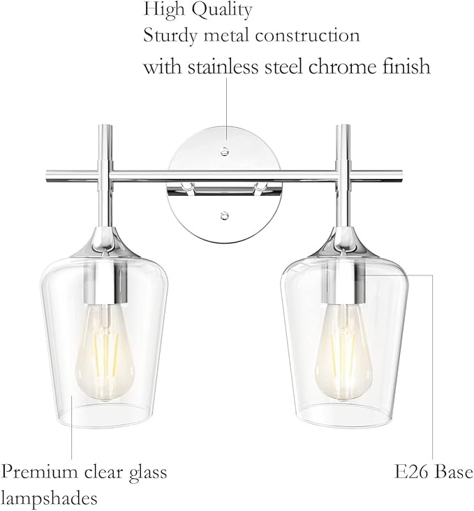 Ralbay Chrome Bathroom Light Fixtures 2-Lights with Clear Glass Modern Wall Mount Lighting Industrial Farmhouse Bathroom Vanity Lights Wall Sconce Chrome