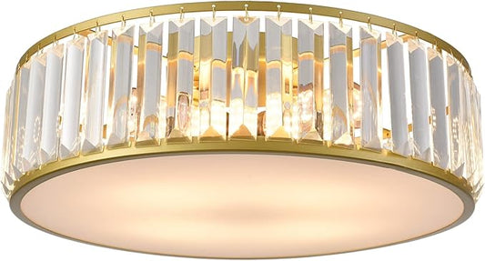Gold Flush Mount Ceiling Light Crystal Ceiling Light Fixtures Modern 4-Light Drum Shade Flush Mount Crystal Ceiling Lighting for Living Room Bedroom, 16-Inch