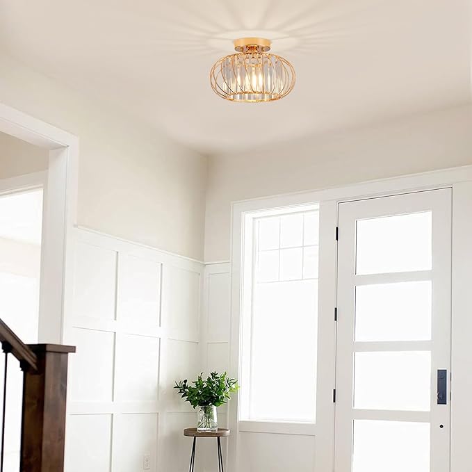Semi Flush Mount Crystal Ceiling Light, 11 Inch Metal Cage Hallway Ceiling Lamps, Farmhouse Ceiling Light Fixture, Industrial Crystal Chandelier for Corridor Bathroom Kitchen (E26, Gold)
