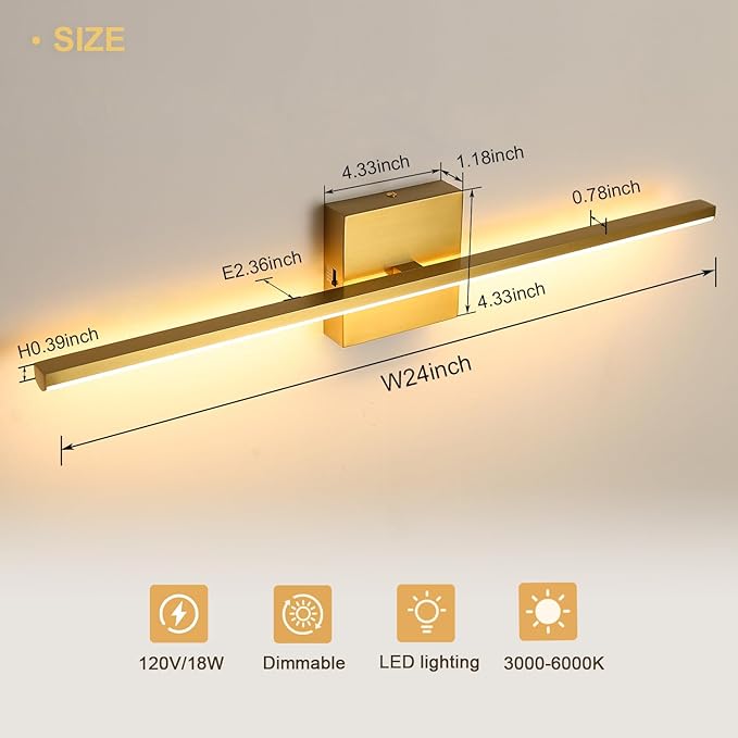 Modern Bathroom Vanity Light 24 Inch, 18W Brushed Gold Bathroom Light Fixture Over Mirror, Dimmable 5CCT LED Wall Sconce Lighting for Restro