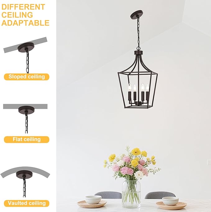 4-Light Farmhouse Lantern Chandelier, Height Adjustable Pendant Light Fixture Hanging Kitchen Lighting for Foyer Dining Room Over Table, E12 Bulb Base & Oil Rubbed Bronze