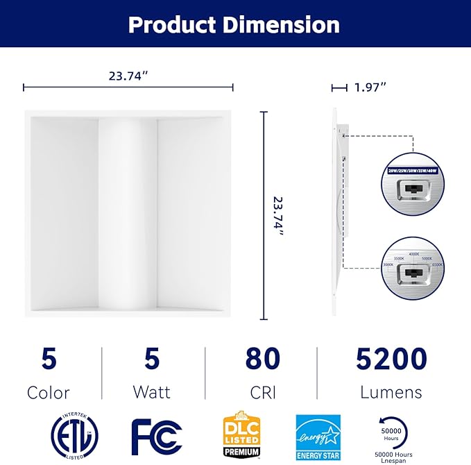 2x2 FT LED Center Basket Troffer Light, 3CCT Color Tunable 3500K/4000K/5000K, Watt Adjustable 30/35/40W, 0-10V Dimmable Drop Ceiling Lights, 120-277V-ETL&DLC Qualified-64Pack