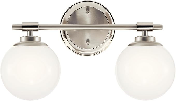 Kichler Benno 2-Light Bathroom Vanity Light Fixture with Opal Glass, Modern Brushed and Polished Nickel Finish for Powder Room or Restroom (8.75" x 14.75"), 55171PN