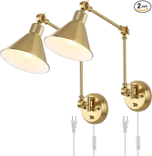 TRLIFE Wall Sconces Plug in, Dimmable Wall Sconces Brushed Brass Swing Arm Wall Lights Plug in Wall Mounted Light Industrial Wall Lights with 6FT Plug in Cord, E26 Base, UL Listed(2 Pack, 2 Bulbs)
