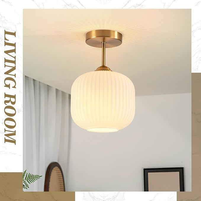 BOKT Vintage Semi Flush Mount Ceiling Light 7.9" Stripe Glass Shade Modern Ceiling Lamp Mid Century Gold Ceiling Light Fixture for Farmhouse, Kitchen Island, Hallway
