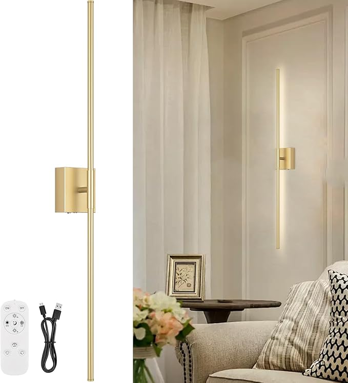 Battery Operated Wall Sconce, 5CCT Dimmable Gold Wall Lights with Remote Control, Timable LED Wireless Wall Sconces, 350° Ratate for Bathroom, Living Room, Hallway 39.4 Inch 1 Pack