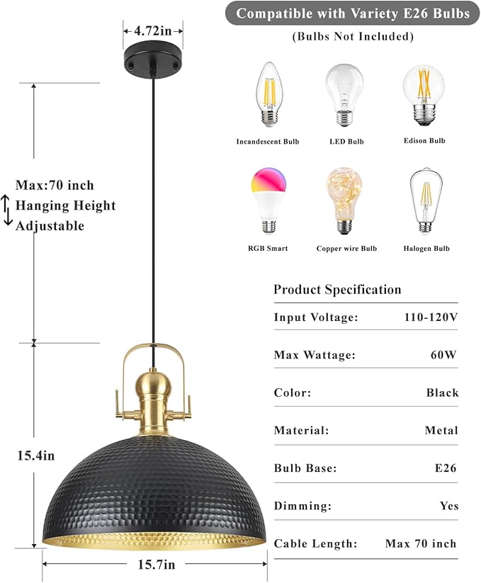 15.7 Inch Black Pendant Light 2 Pack, Hammered Industrial Pendant Lights，Adjustable Height, Large Dome Pendant Light Fixtures for Kitchen, Dining Room, Bedroom,Bar