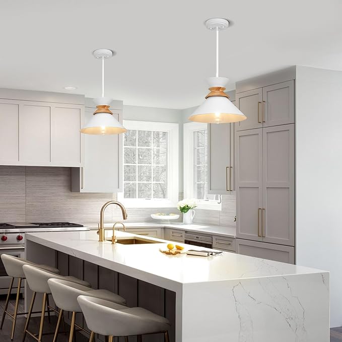 12 Inch White Pendant Lights Kitchen Island Hanging Light Fixtures Adjustable Rod Height Pendant Lighting for Dining Room 3 Pack