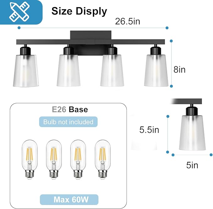 Lightdot 4-Light Bathroom Light fixtures, Modern Vanity Light with Frosted Glass Shade, 26.5IN Black Wall Lamp for Bathroom Kitchen Living Room Hallway Cabinet Porch, E26 Base-1PN