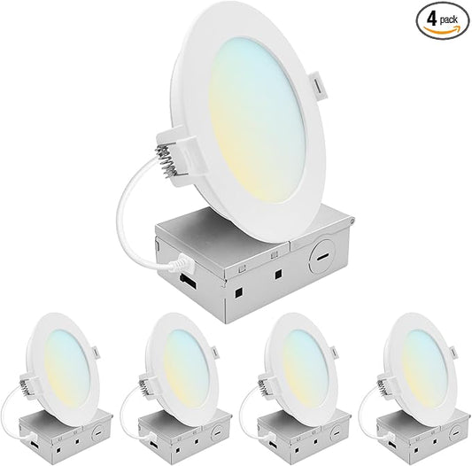 LUXRITE 5 Inch LED Recessed Light, ECO Backlit Mini Panel Spotlight, 5CCT 2700K-5000K, 1200 Lumens, High Output, 13 Watts, Dimmable, IC Rated, Wet Rated, ETL Listed, Energy Star, Round (4 Pack)