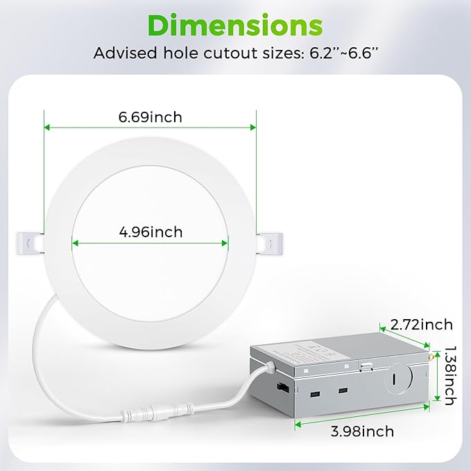 MAXvolador 6 Pack 6 Inch LED Recessed Ceiling Light with Junction Box 1200LM High Brightness, 2700K-6000K 5CCT Dimmable, 12W Ultra-Thin Canless Wafer Downlight