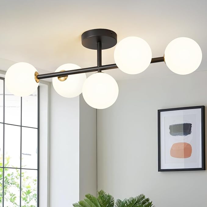Globe Milk Glass Ceiling Light: Black 5 Lights Semi Flush Mount Ceiling Light - Linear Century Modern Lighting Fixture - 27 Inch Brass Glass Lights with Sphere Shade for Bedroom Living Room Hallway