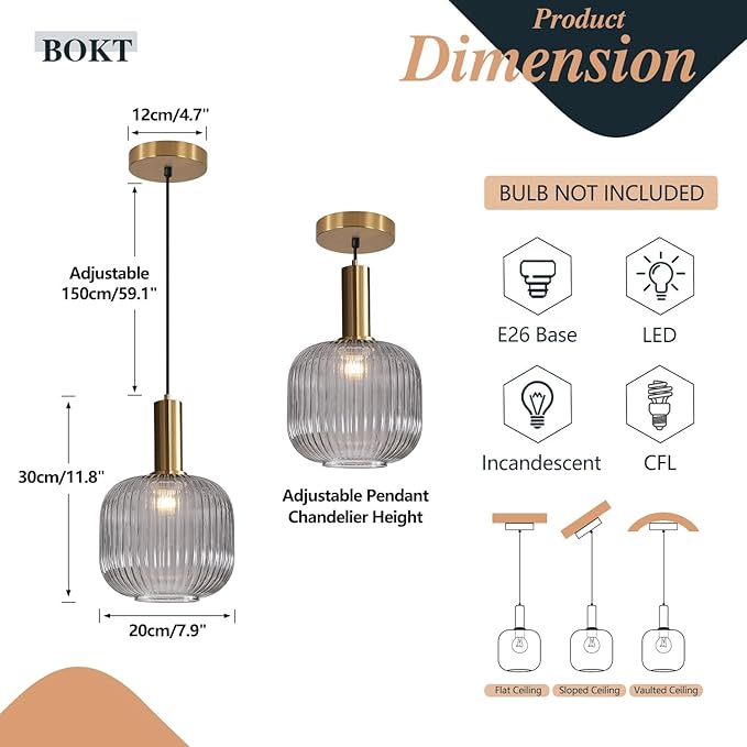 BOKT Modern Smoke Gray Glass Pendant Light 2-Pack Kitchen Island Globe Striped Pendant Lights Farmhouse Adjustable Cord Hanging Light Fixture for Dining Room
