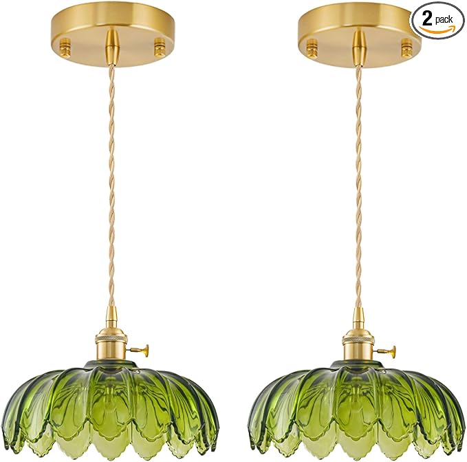 2 Pack Glass Pendant Lights Kitchen Island, Vintage Brass Pendant Light Fixtures, Adjustable Green Kitchen Pendant Lighting Over Island for Bedroom Living Room Hallway Dining Room