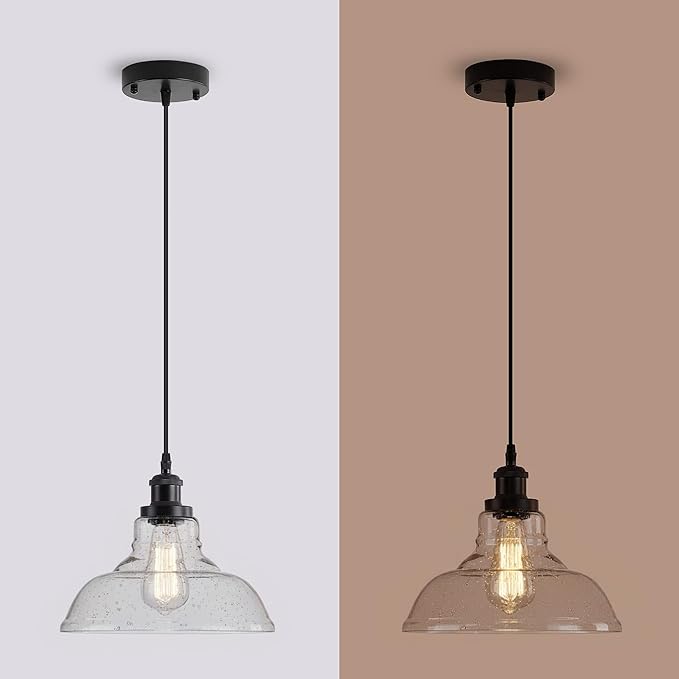 GLADFRESIT 3 Packs Industrial Pendant Lights, Vintage Hanging Light Over Table, Black Bubble Dome Glass Lampshade, Black Lamp Head and Base, Adjustable Hanging Height Lighting Fixtures.