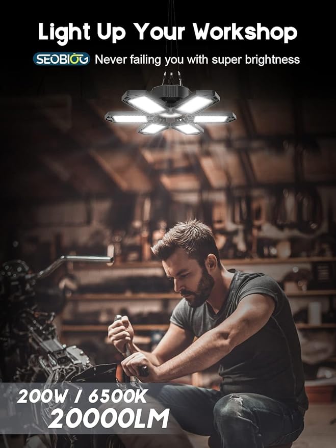 SEOBIOG LED Garage Lights 8 Pack, 200W 20000LM Plug in Linkable LED Shop Light, 6500K Ceiling Light Fixtures with 6+1 Deformable Panels for Garage, Work Bench (Built-in ON/Off Switch)