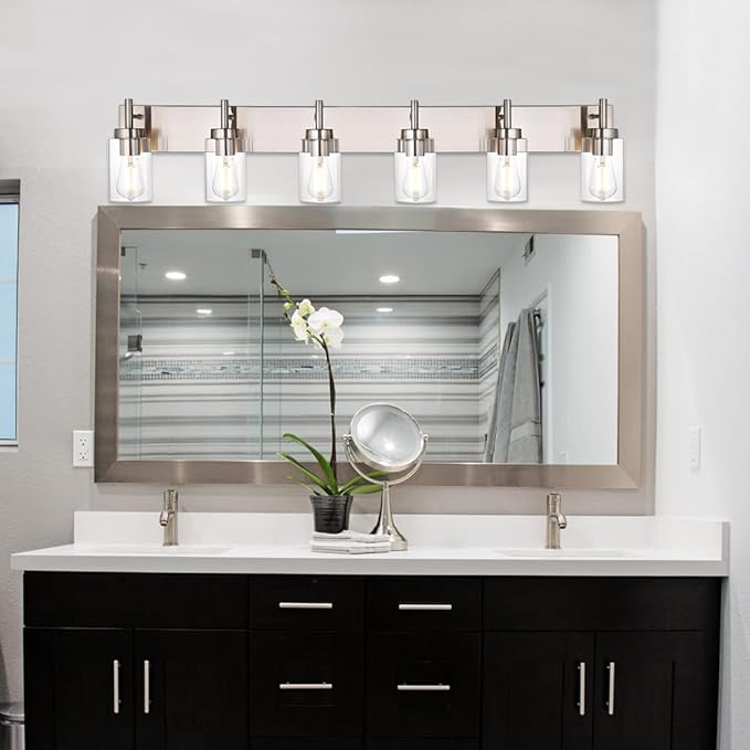 VINLUZ Bathroom Vanity Light Fixture Brushed Nickel with Clear Glass 6-Light Modern Wall Lighting Industrial Indoor Sconces Wall Mounted Lamp for Bedroom Kitchen (Patent No.: US D958,438 S)