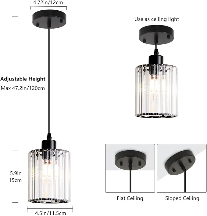 Black Pendant Lighting 2 Pack Modern Crystal Mini Chandeliers Vintage Rustic Farmhouse Pendant Lights for Kitchen Island Dining Room Bedroom