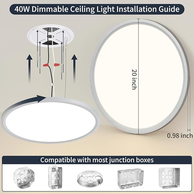 20 Inch Flush Mount Ceiling Light, Bright 40W Dimmable LED Fixture 4000LM, 3000K/4500K/6000K Adjustable, Durable Round Ceiling Lamp for Bedroom, Kitchen, Living Room, Dining Room, Bathroom, Silver